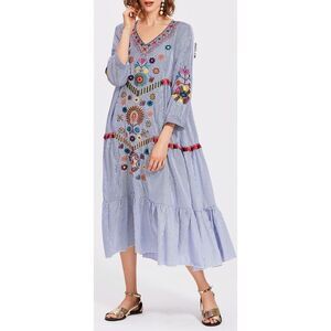 Anthropologie Stellah Genevieve Blue White Floral Embroidered  Dress Sz SP Boho